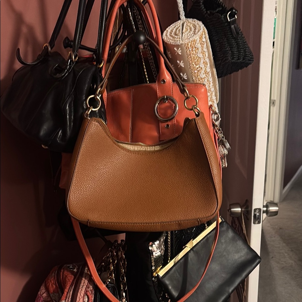 Anne Klein Tan Leather Shoulder Bag with Metal Accents